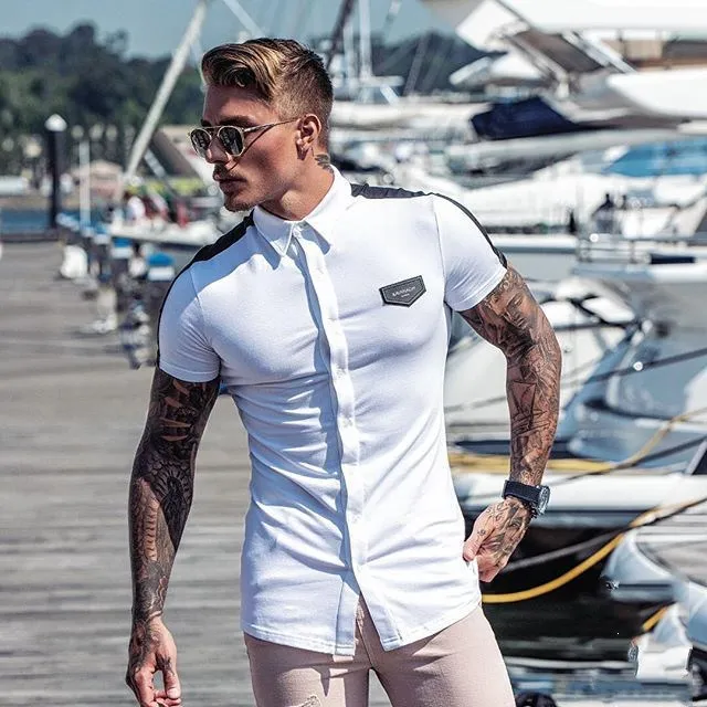 Muscle Brother, стиль, спортивная одежда, мужские топы для фитнеса, для тренировок, бега, повседневные, с коротким рукавом, эластичная рубашка поло