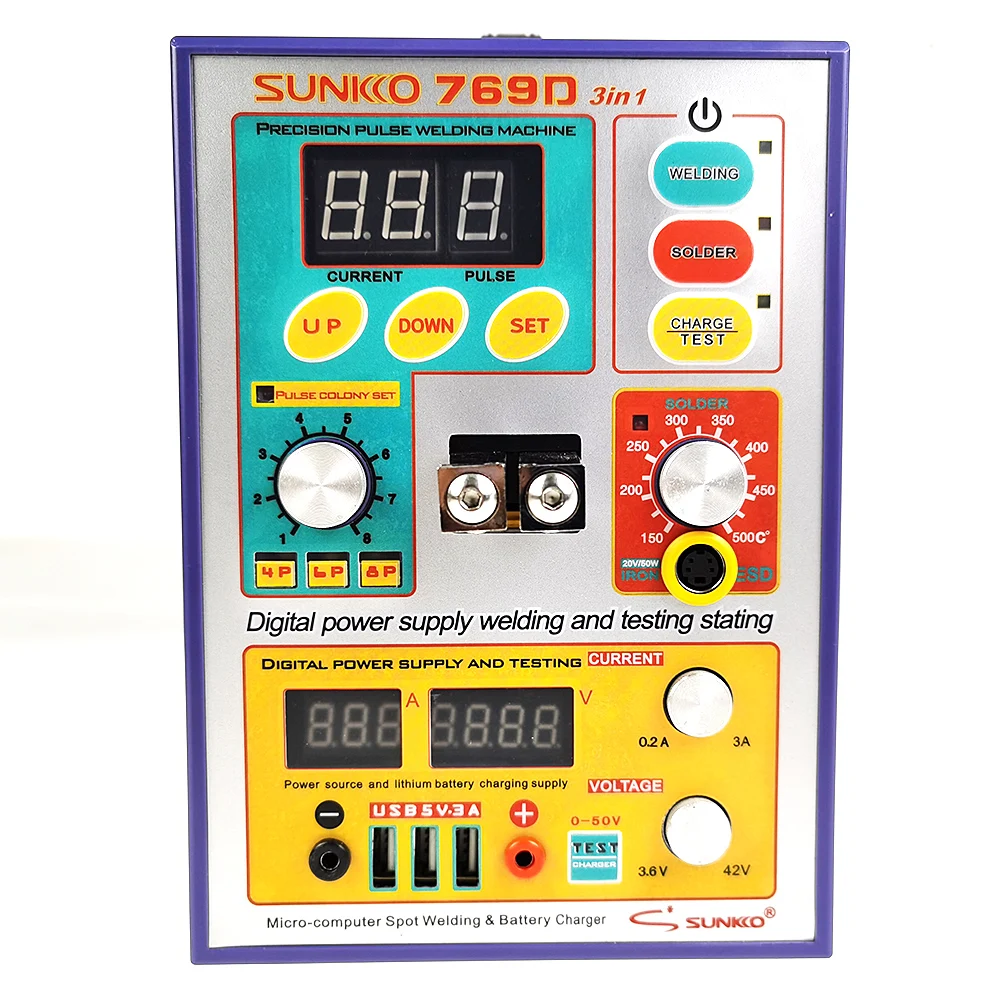 SUNKKO769D battery spot welder 18650 lithium battery assembly soldering tin battery charging test all-in-one machine sunkko 788h usb battery spot welding machine led light lithium battery test usb charging 18650 battery pack welding