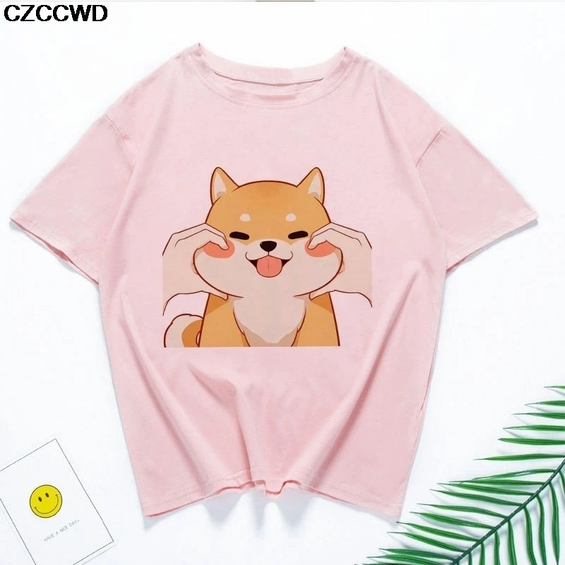 Funny Kawaii Cute Shiba Inu Dog T-shirt Women Gift Print Pink T-shirt Summer Loose Harajuku T Shirt Streetwear Clothes Tops Tees