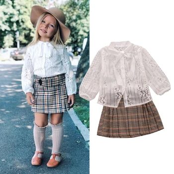 

Elegant Kids Baby Girl Party Sets White Lace Blouses+Plaid Mini Skirt 2Pcs Bow Tie Shirts Kids Girls Princess Outfits 1-6Y