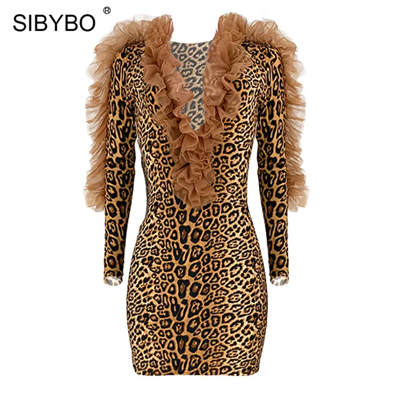 SIBYBO Ruffles Mesh Spliced Sexy Bodycon Dress Long Sleeve Mini Autumn Dress Women V-Neck Leopard Print Elegant Party Dress