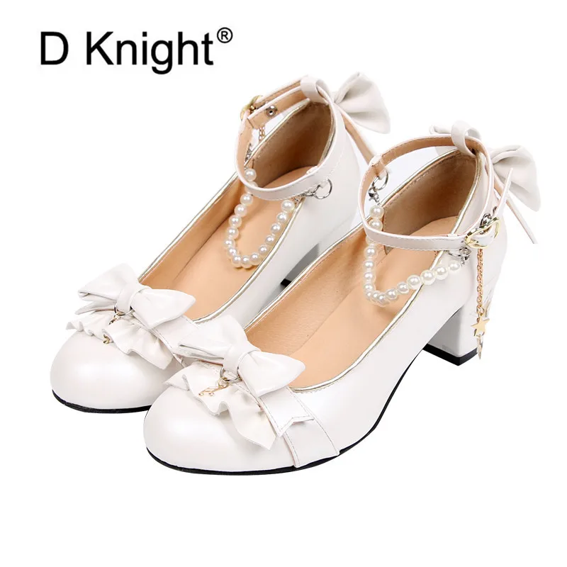 

Sweet Princess Girls Lolita Shoes Bowtie Ankle Straps Chunky Heel Pumps Shoes Woman Round Toe Japanese Single Shoes High Heels