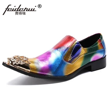 

Plus Size Colorful Metal Toe Slip on Man Wedding Banquet Party Loafers Genuine Leather Handmade Men's Club Casual Shoes SL670