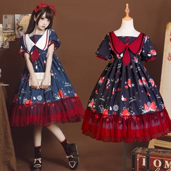 

Strawberry Music Sweet Lolita OP Navy Collar Ruffles Dress Vintage Summer Gothic Big Bow Short Sleeve Party Princess Dolly Dress