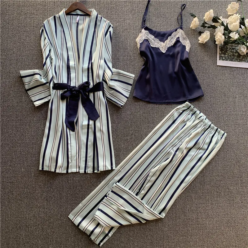 

QWEEK Pajamas for Women Silk Pjs Set 3 Pieces Sleepwear Set Sexy Nightwear Striped Pyjamas Femme Home Clothes Homewear Women