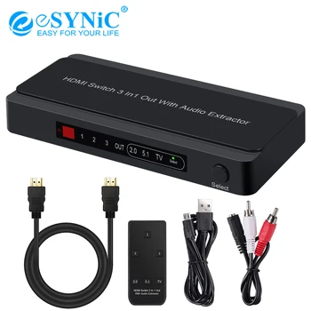 

eSYNiC 3 Port HDMI Switch with Audio Extractor 4K@60hz 2RCA to 3.5MM Audio Cable HDMI to Optical/RCA Audio Converter Switch 3X1