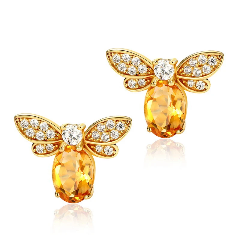 

Cute 925 Sterling Silver Citrine Honeybee Stud Pierced Earrings for Women Fancy 9K Plated Crystal Gemstone Sticks Party Gift