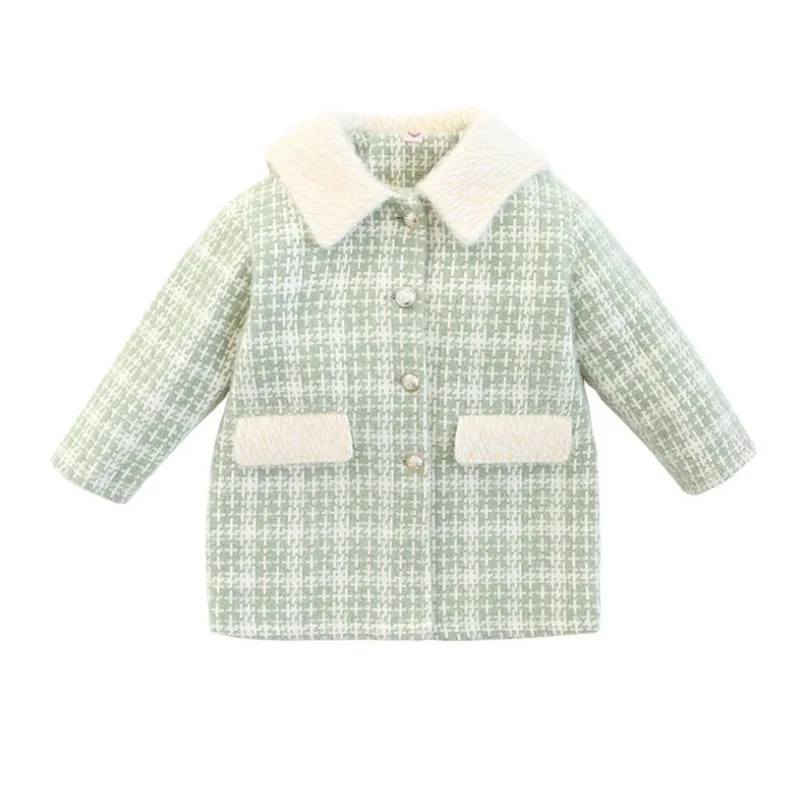 

Fashion 2019 Big Girl Wool Jacket Coat Korean Autumn Winter Long Turn Down Collar Single-breasted Small Fragrance Plaid Princess Outwear 3-12Yrs Girls Clothes