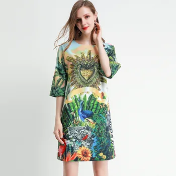 

GoodliShowsi Boho Hawaii Vacation Shift Dress Forest Nature Print Diamonds O-Neck Half Sleeve Women's Loose Dresses