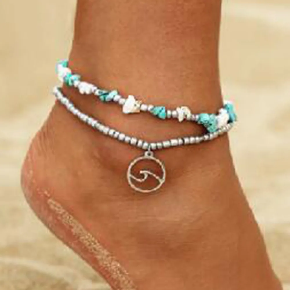 

2a0045 Magnesium Tipo New Style Western Mia Beach-Style Europe And America Creative Fashion Double Layer Turquoise Beads Anklets