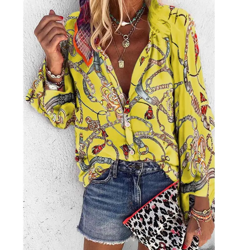 2020 New Design Plus Size Women Blouse V-neck Long Sleeve Chains Print Loose casual Shirts Womens Tops And Blouses