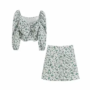 

2020 New Summer Women Two piece set Flower Printed Puff Sleeves Smocked Crop Top & Mini Skirt High-waistensemble femme
