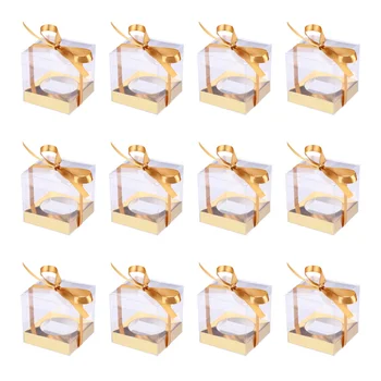 

12pcs Transparent Cake Boxes PVC Cake Packaging Boxes Organizers with Ribbon