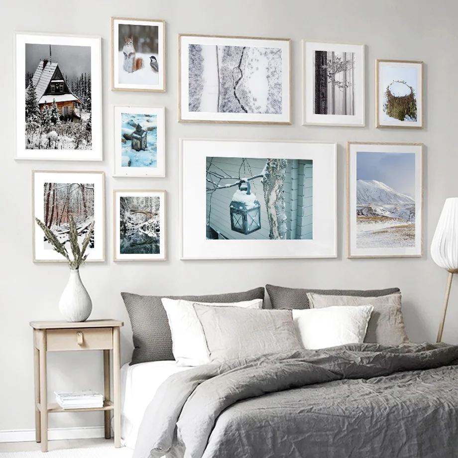 Wall Art Canvas Painting Snow Hill Forest House Scoiattolo Trees Nordic Poster E Stampe Immagini Per Soggiorno Home Decor