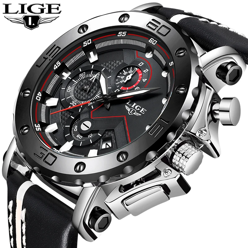 

LIGE New Fashion Mens Watches Top Brand Luxury Big Dial Military Quartz Watch Leather Waterproof Sport Chronograph Watch Men+Box