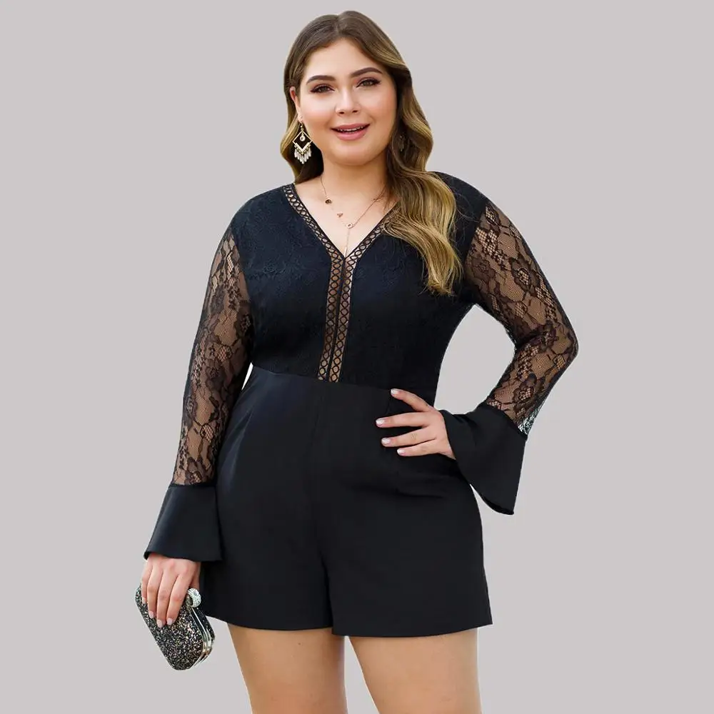 Размера плюс V образным вырезом Длинные Кружевные расклешенные рукава Кружева