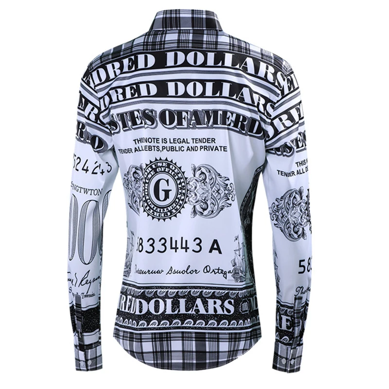 Letters Pattern Black Print White Shirts Men Long Sleeve Turn-down Collar Shirt Fashion Slim Fit Male Clothing Streetwear
