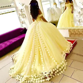 

Fabulous Yellow Boho Wedding Dresses 3D Floral Flowers Off Shoulder Princess Wedding Gowns New Tulle Fluffy Illusion Bride Dress
