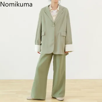 

Nomikuma Women Two Piece Outfits Long Sleeve Striped Jackets Solid Color Wide Leg Suit Pants 2020 Spring New Blazer Set 3a342