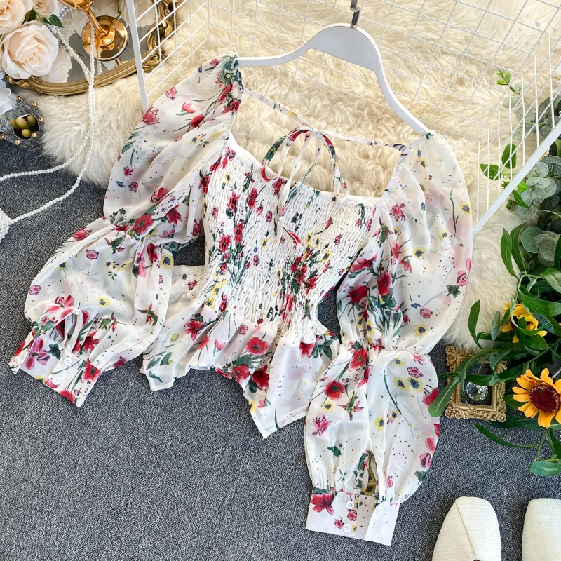 Весенние корейские модные женские повседневные милые короткие топы с цветочным квадратным воротником и пышными рукавами и блузки Blusas Mujer De Moda H187