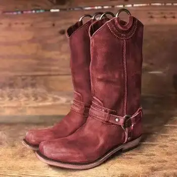 

Women Boots 2020 Autumn Vintage Brown PU Leather Cowboy Square Toe Mid-Calf Boots Outdoor Slip On Metal Buckle Ladies Boots