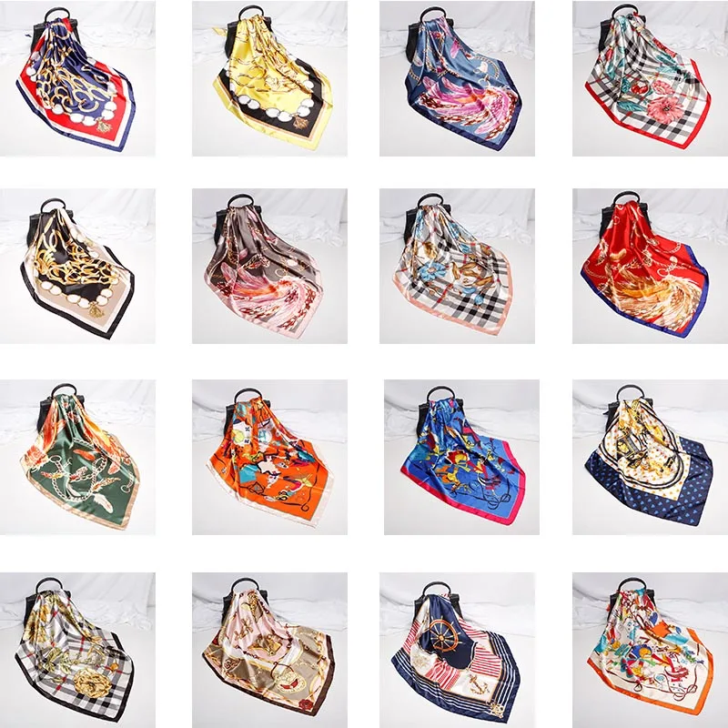 

90CM Woman Scarf 62 Colour Imitation Silks Satins Flame Flower Print Big Square Scarves Shawl Wrap Headband Matagorda Silk Scarf