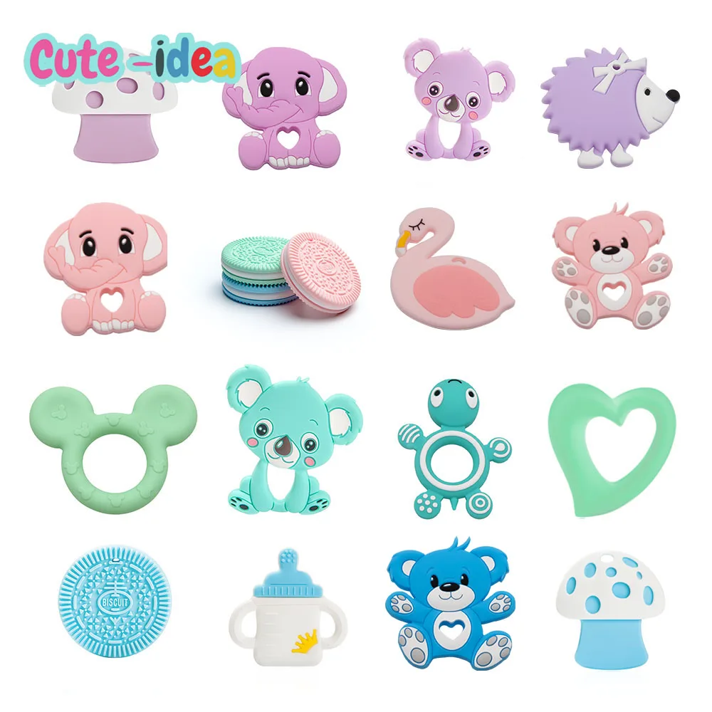 

Cute-Idea 2Pcs Silicone Teether Cartoon Animal DIY Pacifier Chain clip Food Grade Teething Chewable Nursing Pendant BPA Free Toy