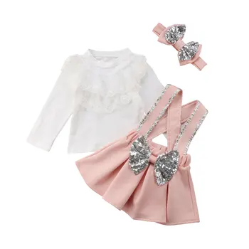 

New 1-6Y Toddler Kid Baby Girls Clothes Set Long Sleeve Lace Ruffles T shirt Tops + Bow Tutu Strap Skirts Princess Kid Costumes