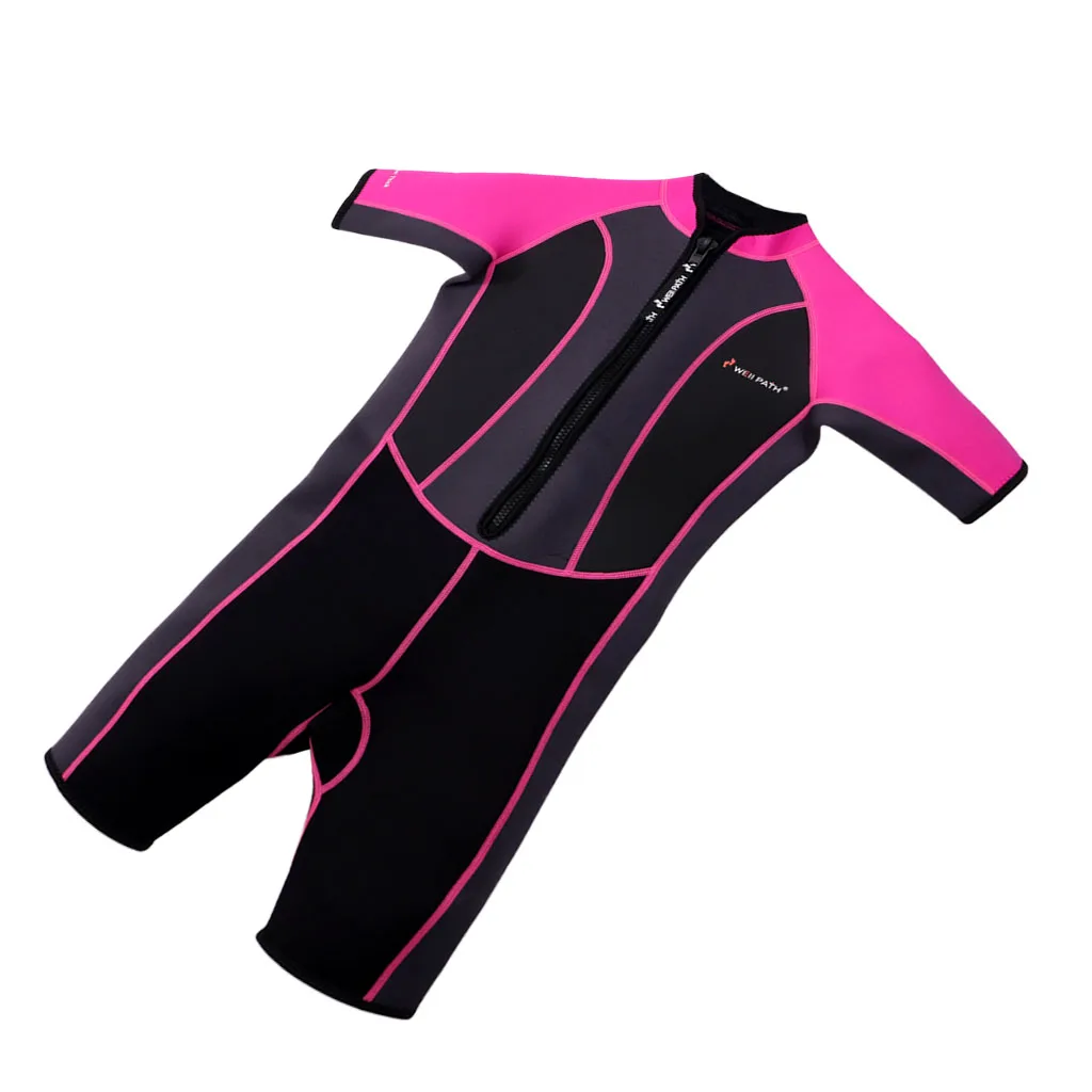 Kids Swimsuit Boys Girls Short Sleeve Wetsuit Thermal  Swimsuit Sun Protection for 2-13 Years Old Children Pink/Blue 