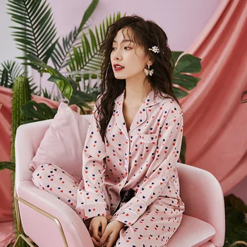 

Home Clothes 2020 Satin Chiffon Super Fashion Printing Pajamas for Summer Thin Long-sleeved Love Pattern Loungewear Women