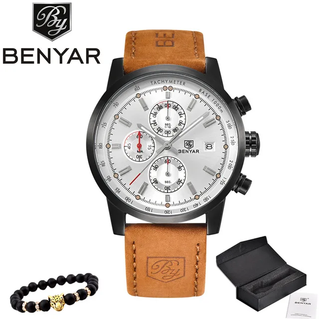 BENYAR новые часы мужские военные Роскошные Лидирующий бренд кварцевые Бизнес Мужские часы модные хронограф кожаные часы Relogio Masculino - Цвет: White
