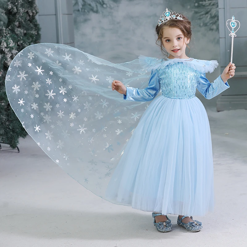 

Anna Elsa Role-Play Girls Dress Sequins Snowflake Cloak Long Sleeves Halloween Party Princess Cosplay Costume Children Clothes