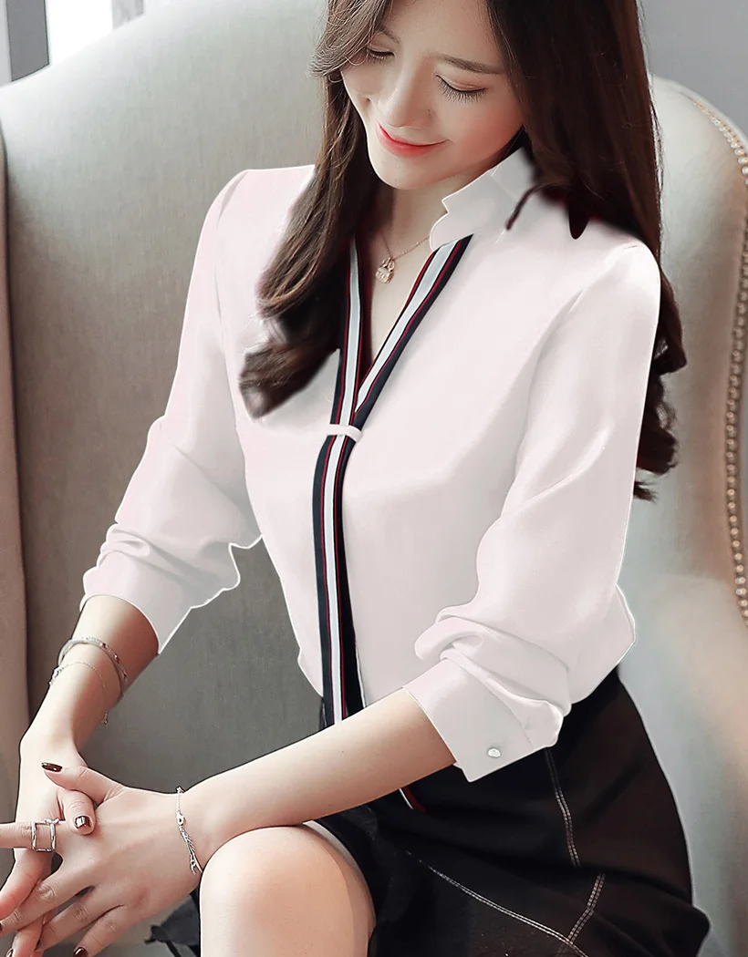 Blusas mujer de moda, осенняя модная блузка из шифона с длинными рукавами, Повседневная шифоновая рубашка с v-образным вырезом и длинными рукавами, офисные женские блузы