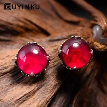 Стерлингового серебра 925 серьга-кнопка, Винтажные Украшения уха мода красный корунд создан рубиновый драгоценный камень женские серьги