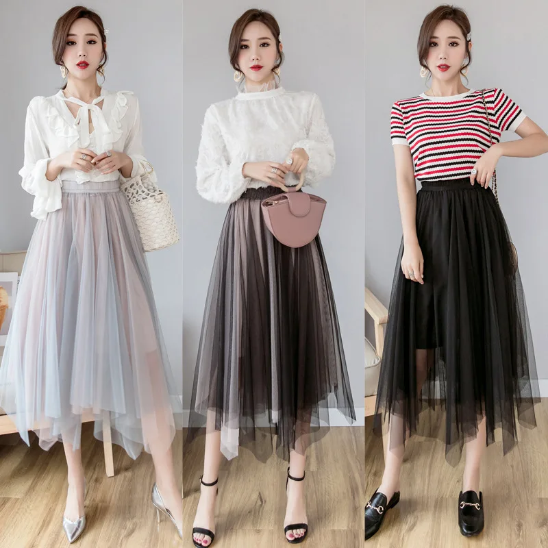 

Photo Shoot 2019 Spring And Summer New Style Immortal of Contrast Color Mesh Skirt Mid-length A- line Puffy Skirt