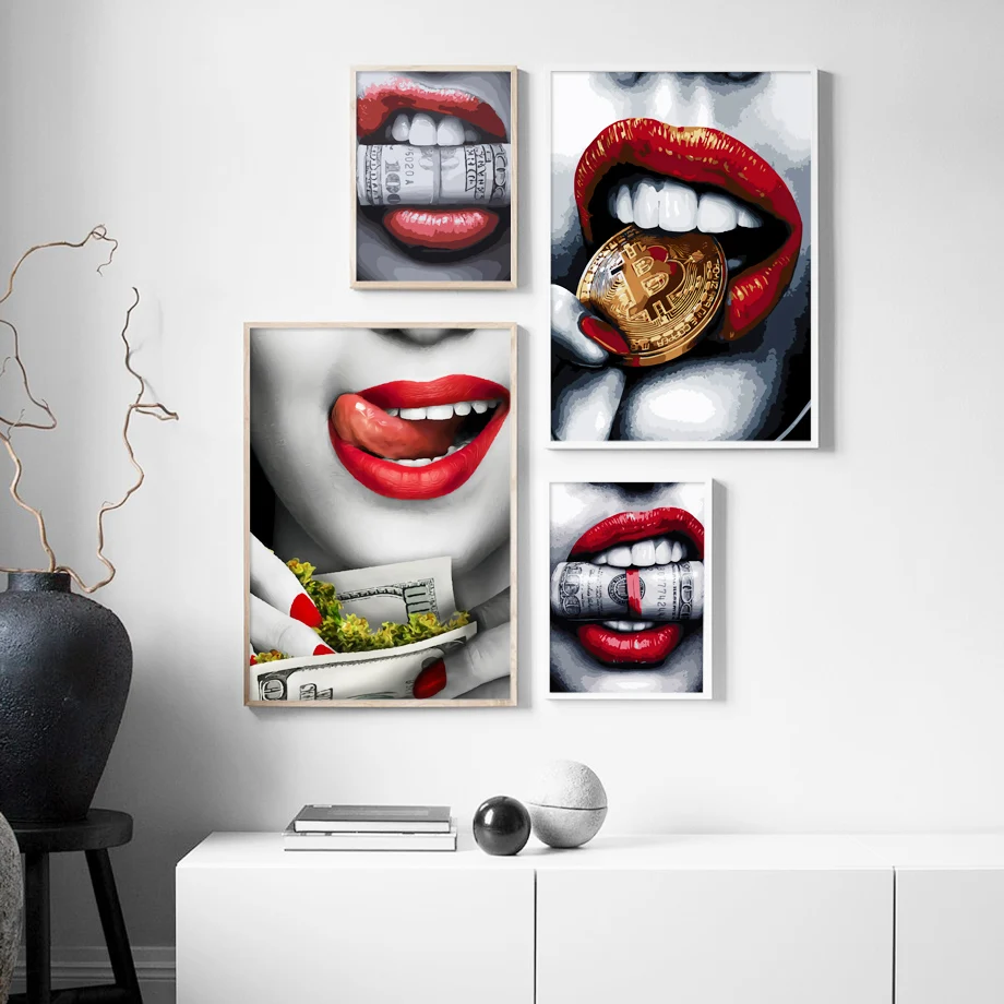Сексуальная девушка в виде красных губ Gold Money Wall Art Холст Картина Nordic Плакаты и
