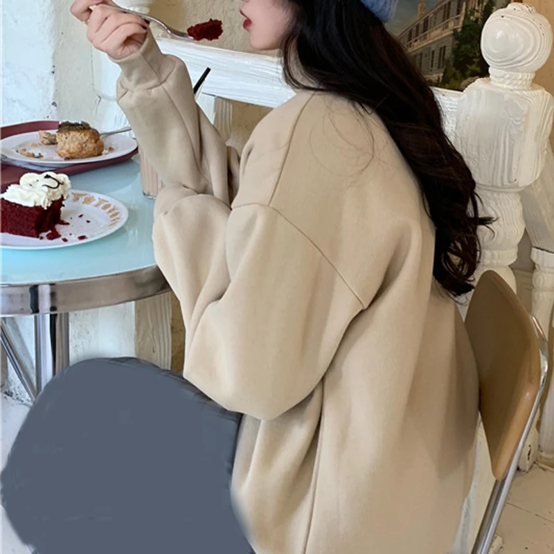 RICININA, женские свитшоты с длинным рукавом, однотонные, корейские, большие размеры, женская уличная одежда, повседневная женская толстовка, весна