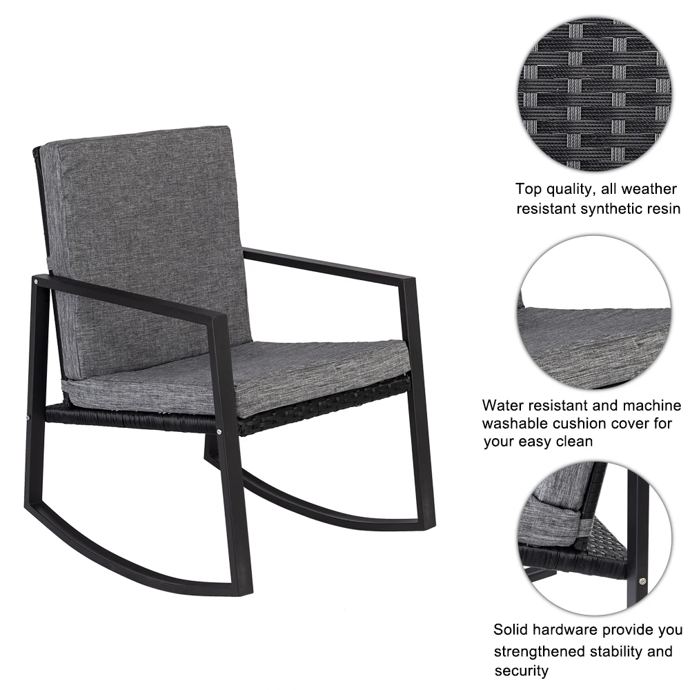 【US Warehouse】3 PCS Rocking Chairs Set Outdoor Patio Furniture with Glass Coffee Table (Black) (Outdoor rattan sofa 【US Warehouse】3 PCS Rocking Chairs Set Outdoor Patio Furniture with Glass Coffee Table (Black) (Outdoor rattan sofa