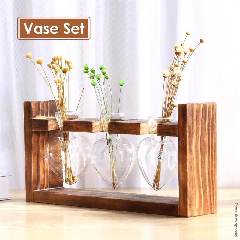 Деревянная рамка стеклянная ваза гидропонная ваза для растений винтажный цветочный горшок Настольный бонсай форма сердца украшение дома свадебная ваза