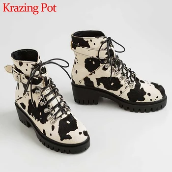 

Krazing Pot new horsehair mixed colors cow pattern lace up round toe high heels thick bottom winter warm women ankle boots L32
