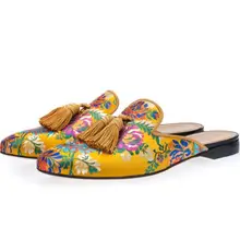 Новинка; Роскошная модная желтая шелковая Повседневная обувь; мужские Разноцветные тапочки с цветочной вышивкой и кисточками; мужские слипоны на плоской подошве; лоферы с бахромой