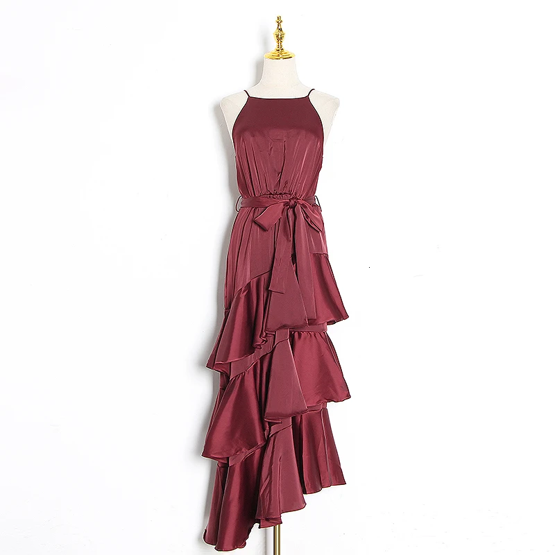 TWOTWINSTYLE элегантные каскадные платья с рюшами женские спагетти ремень без рукавов Высокая талия асимметричное платье женская мода - Цвет: burgundy