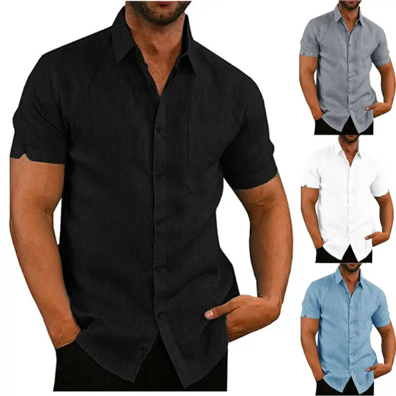 Camisas de manga corta de lujo para hombre, camisa de lino informal, blusa, Tops, diseño de bolsillo el pecho, negro, blanco, gris, azul - AliExpress Ropa de hombre