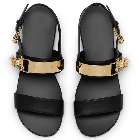 

2019 New Arrival Mens Flat BLack Leather Mental Buckle Strap Cowhide Famous Brand Flip Flop Sandals Shoes