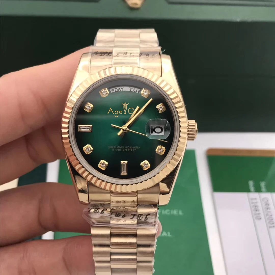 Famous Brand New Men Daydate Yellow Gold Silver Gradient Green Automatic Mechanical Stainless Steel