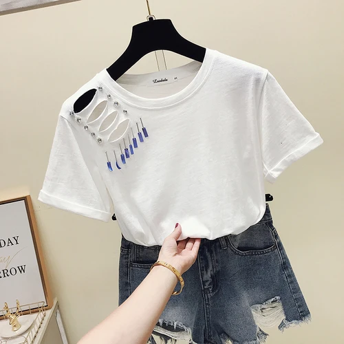 Новинка, Женская свободная футболка в Корейском стиле, 2XL, женские футболки с дырками, топы для студентов, футболка с короткими рукавами, топы, одежда - Цвет: WHITE
