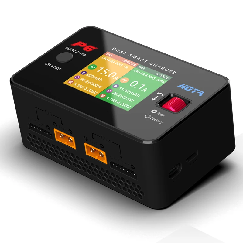HOTA P6 DC 600W 15Ax2 Dual Channel Battery Balance Charger Smart Charger for Lipo 1-6S LiIon NiMH Battery with Type-C Output 36W