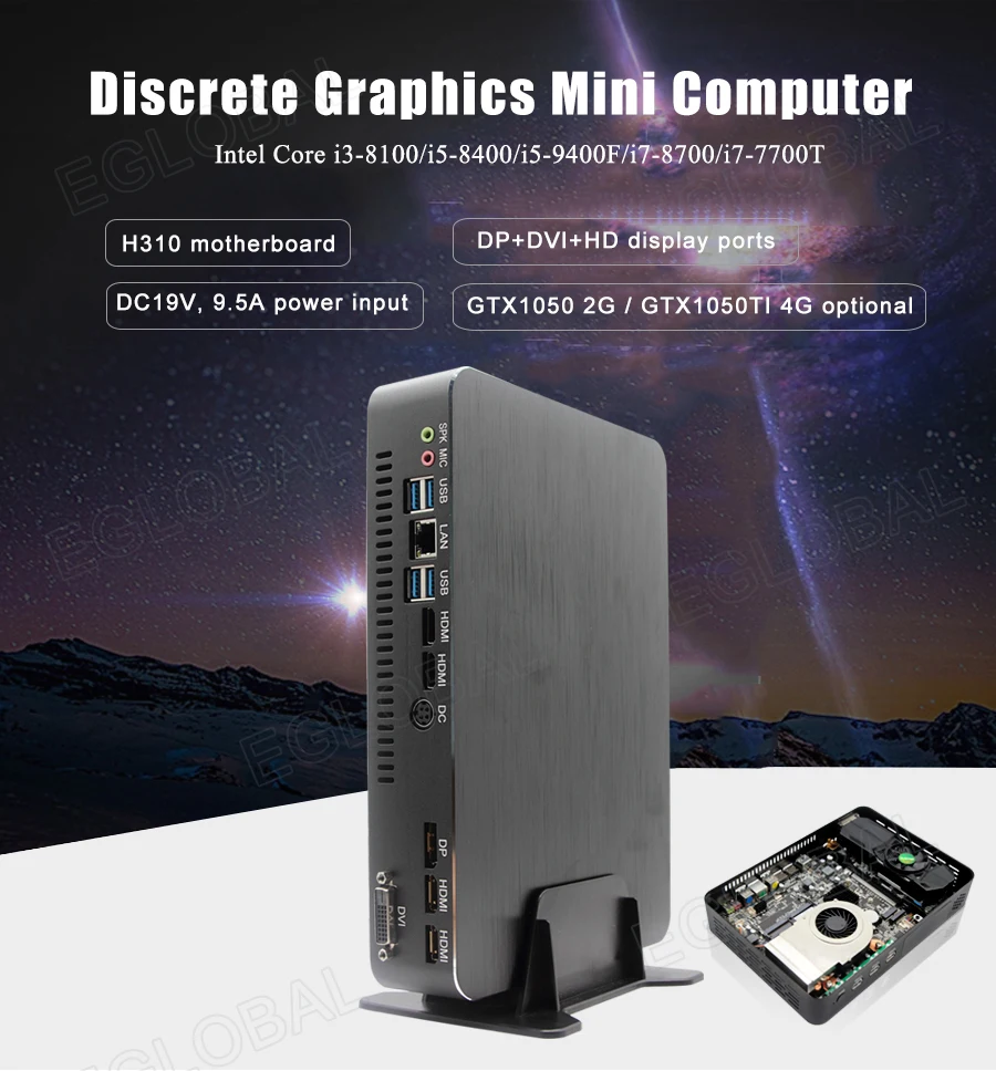 Игровой мини компьютер Eglobal Intel Core 9 9100F/9400F/9700F/9900 Gigabyt Nvidia GTX1050Ti Micro PC 4 дисплея 2 HDMI2.0
