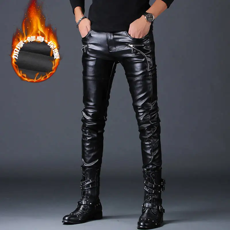 Брюки мужские облегающие байкерские из искусственной кожи на зиму|leather motorcycle