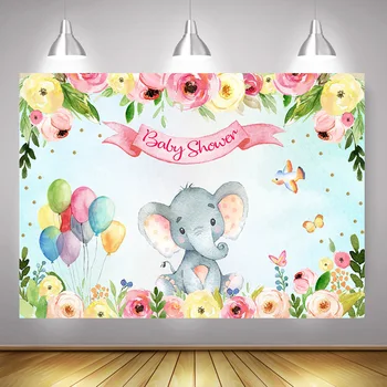 

Watercolor Flowers Baby Shower Party Background Photo Shoot Newborn Little Floral Elephant Birthday Portrait Background Balloons